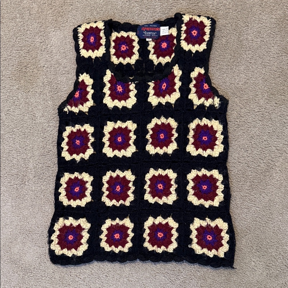 Expressions by Campus 1970’s Vintage Crochet Tank Top - Black, Cream, Maroon